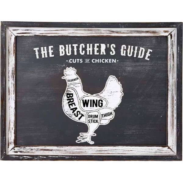 Butchers Cuts Chicken Wall Plaque - Wood - L3 x W58 x H45 cm - Grey/White