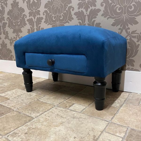 Footstool with Drawer - Velvet - L25 x W45 x H28 cm - Blue