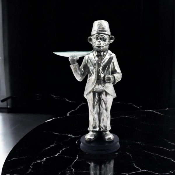 Decorative Monkey Waiter Ornament - Silver - L35 x W45 x H85 cm