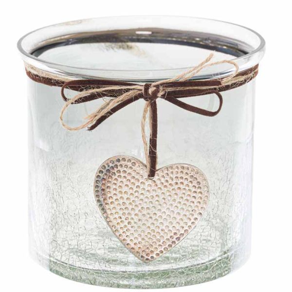 Smoked Midnight Crackled Heart Candle Holder - Glass - L11 x W11 x H10 cm - Grey