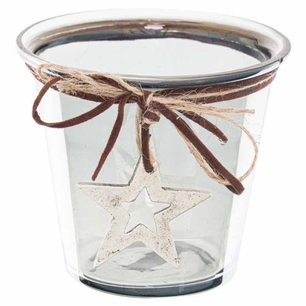 Smoked Midnight Hammered Star Small Candle Holder - Glass - L11 x W11 x H10 cm - Grey