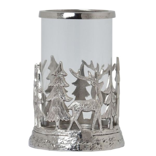 Stag Scene Hurricane Lantern - Metal - L21 x W21 x H28 cm - Silver