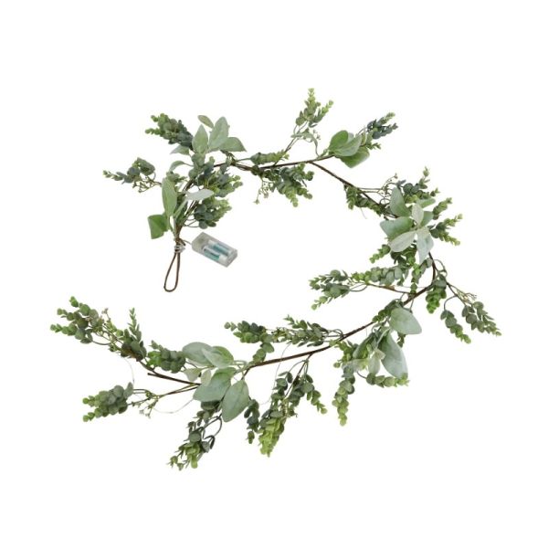 LED Winter Garland with Eucalyptus and Lambs Ear - Plastic - L153 cm - Green