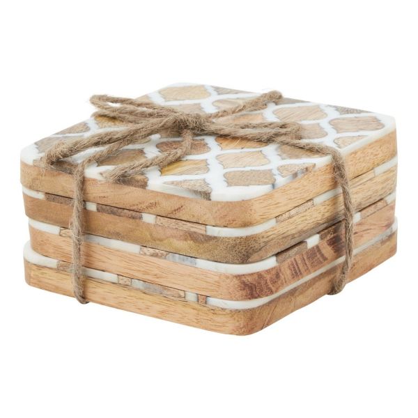 Geometric Coasters (Set of 4) - Wood - L1 x W10 x H10 cm - Brown/White