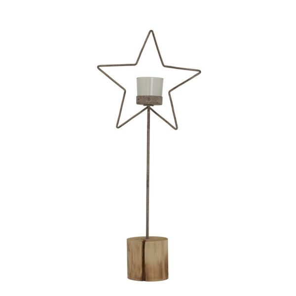 Natural Rustic Star on Wood Stand with Glass Votive - L8 x W20 x H48 cm - Brown