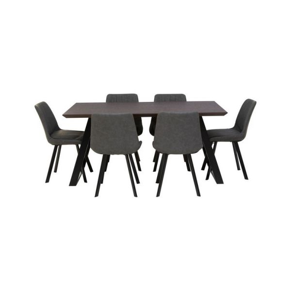 Westford 7 piece Rectangular Dining set - Metal/Wood/Glass/Textile/Synthetic - L90 x W160 x H76 cm - Grey/Brown
