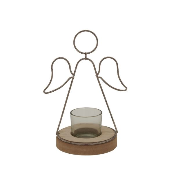 Rustic Outline Angel Tealight on Stand with Glass Votive - Metal - L9 x W13 x H19 cm - Brown