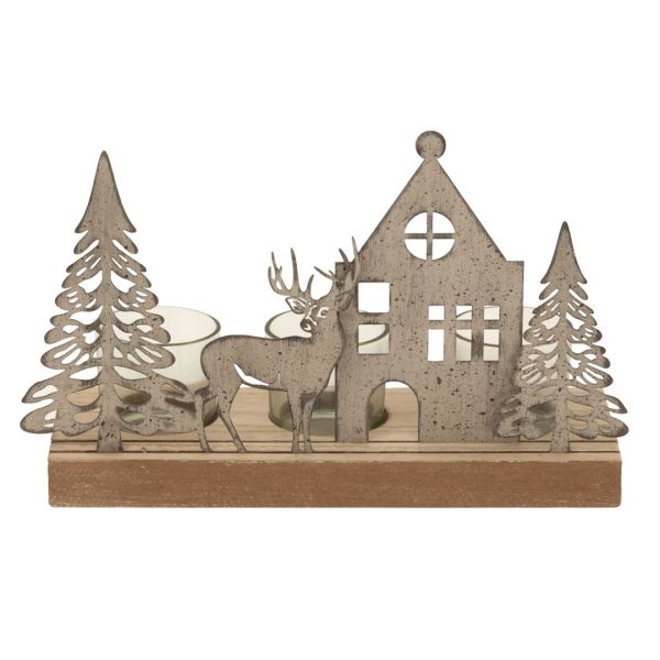 Rustic Scene Tealight on Wood Stand with Glass Votives - Metal - L8 x W15 x H23 cm - Brown