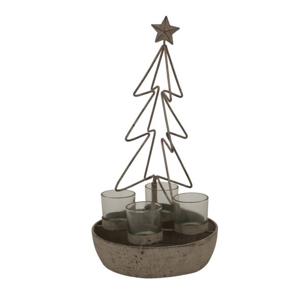Rustic Outline Tree and Star with Four Glass Votives - Metal - L19 x W19 x H37 cm - Antique Bronze