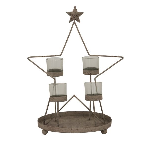 Rustic Outline Star with Four Glass Votives - Metal - L22 x W28 x H38 cm - Antique Bronze