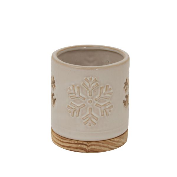 Alora Snowflake Candle Holder on Wood Base - Ceramic - L8 x W8 x H10 cm - White