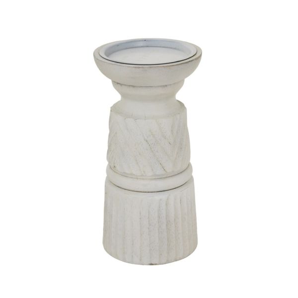 Carved Candle Holder - Wood - L10 x W10 x H20 cm - White