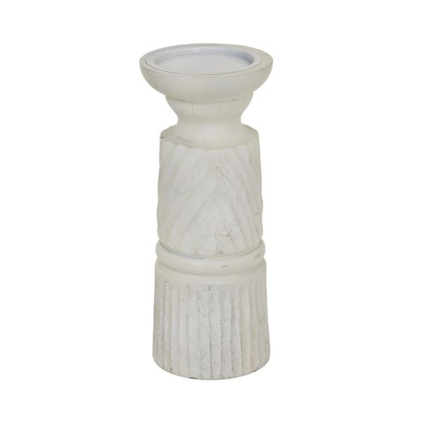 Medium Carved Candle Holder - Wood - L10 x W10 x H25 cm - White