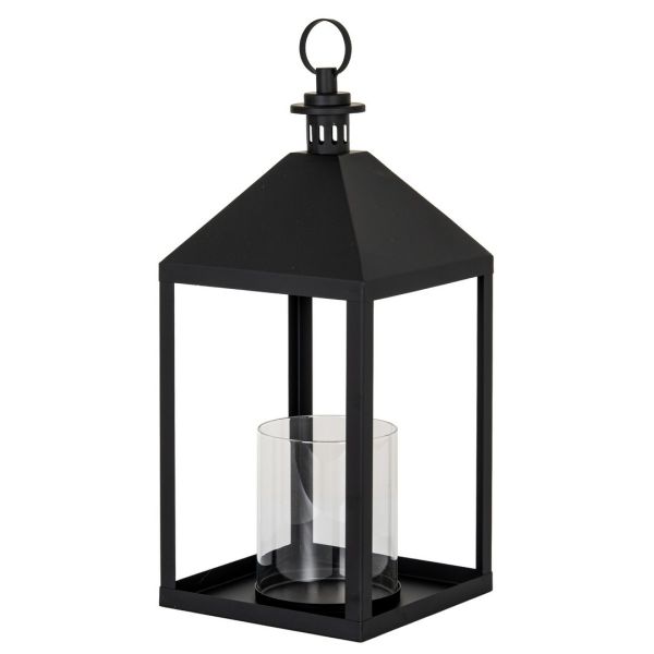 Astra Large Lantern with Glass Candle Holder - L25 x W25 x H61 cm - Black