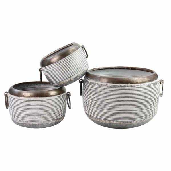 Round Planter - Set of 3 - L36 x W30 x H22 cm - Antique Galvanized