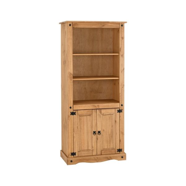 Corona 2 Door Display Unit/Bookcase - L44.5 x W81 x H182 cm - Distressed Waxed Pine