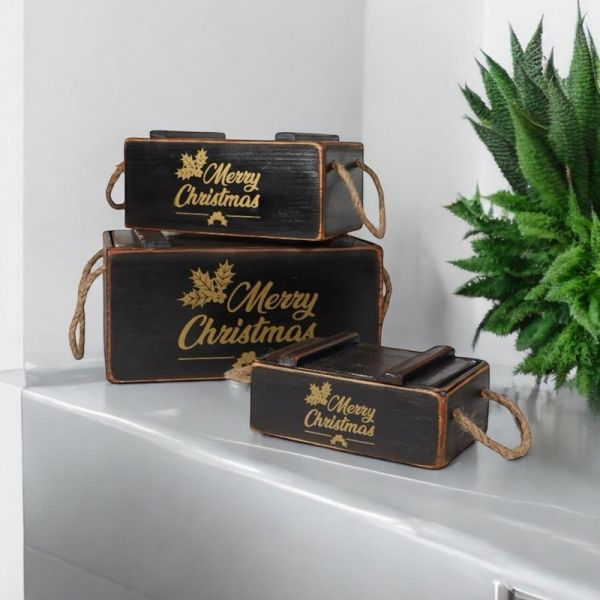 Crates with Lids Rope Han (Set of 3)- Wooden - Black