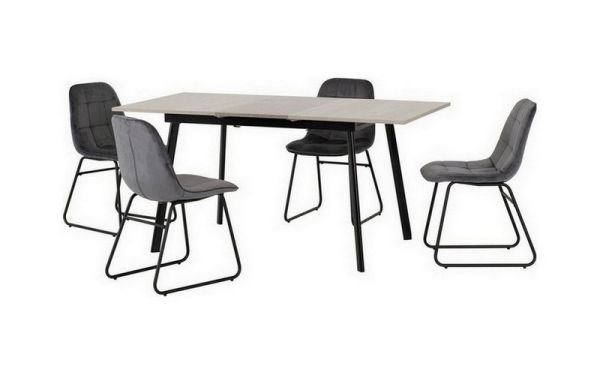 Avery Extending Dining Set with Lukas Chairs - Concrete/Grey Oak Effect/Black/Grey Velvet