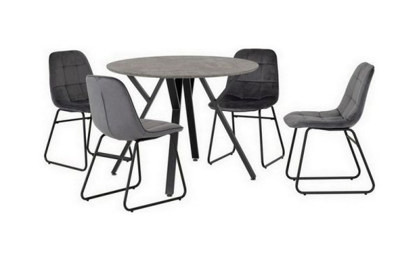 Athens Round Dining Set with Lukas Chairs - Concrete Effect/Black/Grey Velvet