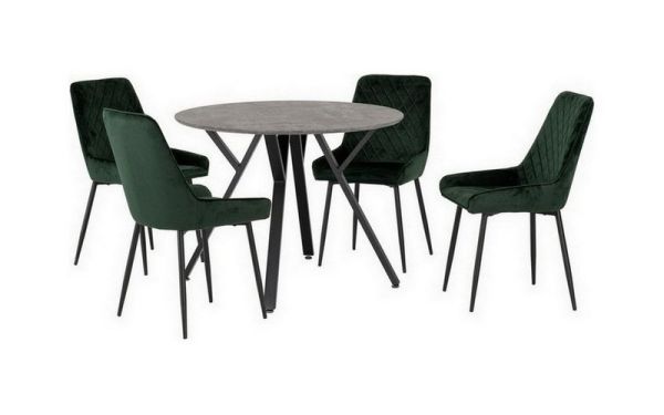 Athens Round Dining Set with Avery Chairs - Concrete Effect/Black/Emerald Green Velvet