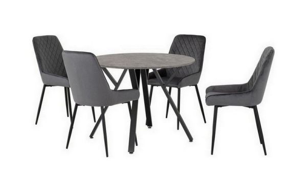 Athens Round Dining Set with Avery Chairs - Concrete Effect/Black/Grey Velvet