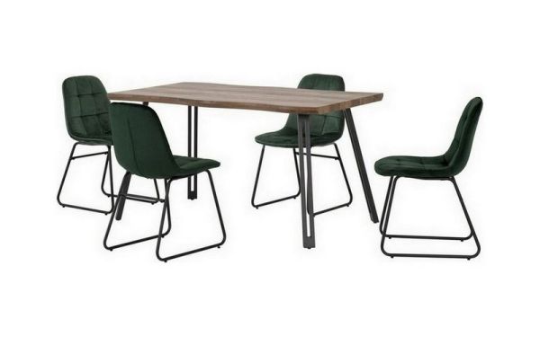 Quebec Wave Edge Dining Set with Lukas Chairs - Medium Oak Effect/Black/Emerald Green Velvet