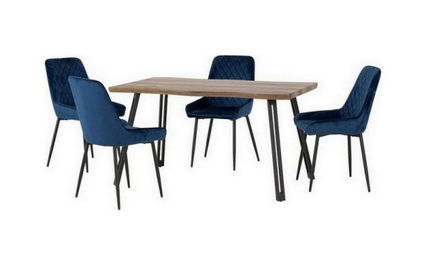 Quebec Wave Edge Dining Set with Avery Chairs - Medium Oak Effect/Black/Sapphire Blue Velvet