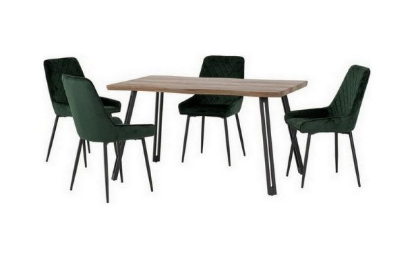 Quebec Wave Edge Dining Set with Avery Chairs - Medium Oak Effect/Black/Emerald Green Velvet