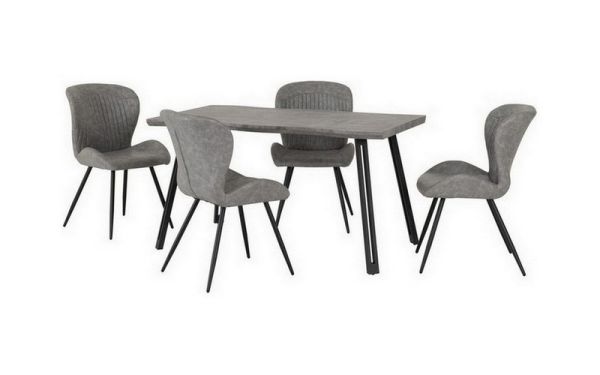 Quebec Wave Edge Dining Set - Concrete Effect/Black/Grey Faux Leather
