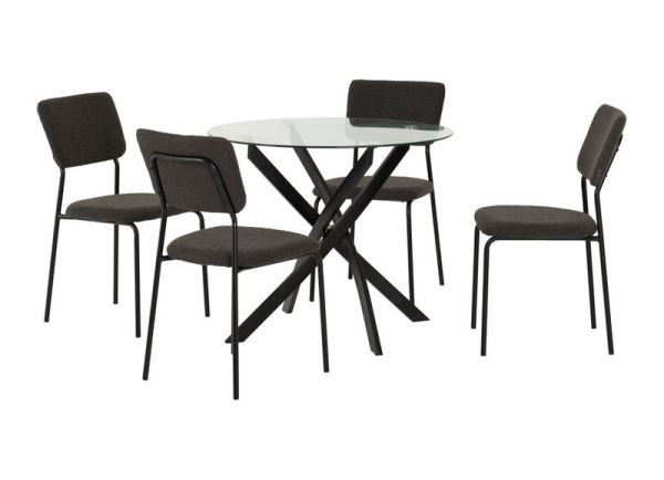 Sheldon Round Glass Top Dining Set - Clear Glass/Black/Grey Boucle Fabric