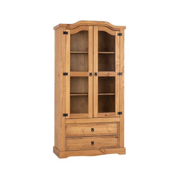 Corona 2 Door 2 Drawer Glass Display Unit - Wood - L43 x W96 x H186 cm - Distressed Waxed Pine/Glass