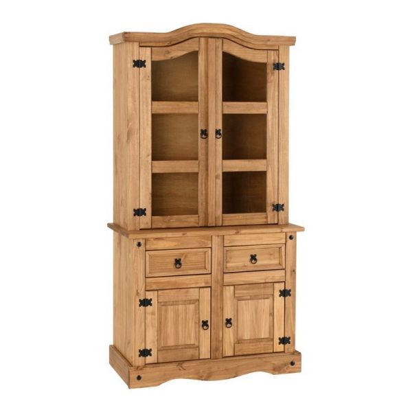 Corona 3 feet Buffet Hutch - L48.5 x W100 x H193 cm - Distressed Waxed Pine/Clear Glass