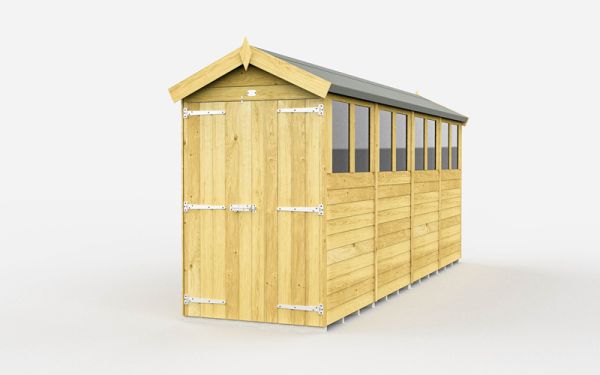 4 x 16 Feet Apex Shed - Double Door With Windows - Wood - L472 x W118 x H217 cm
