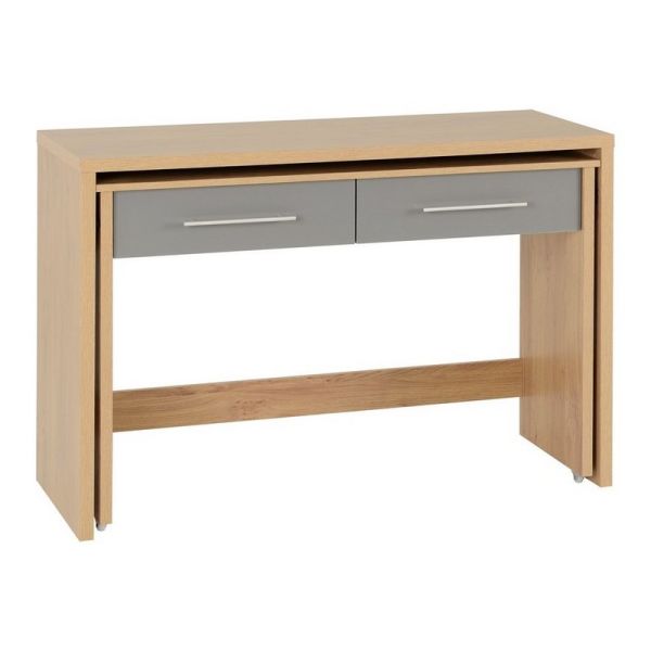 Seville 2 Drawer Slider Desk - L86 x W120 x H83 cm - Grey High Gloss/Light Oak Effect Veneer