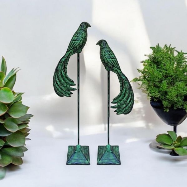 Decorative Birds Ornament (Set of 2) - Cast Iron - Green