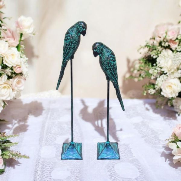 Decorative Parrots Ornament (Set of 2) - Cast Iron - Green