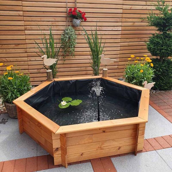 Raised Hexagon Garden Solar Pond Set - 128L x 145W x 41H - Timber/Metal/Plastic - Honey Brown