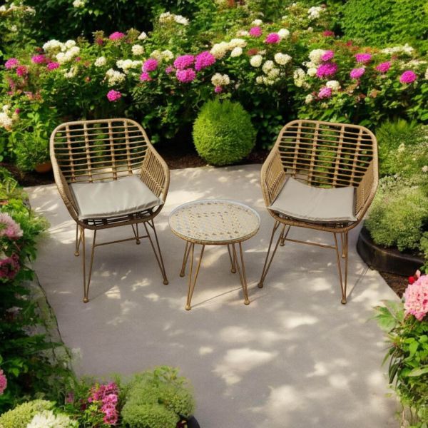 Bistro Set - Rattan - Light Brown/Light Grey