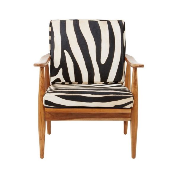 Kendari Leather Zebra Pattern and Teak Dining Chair - Wood/Textile - L80 x W68 x H79 cm - Black/White/Natural