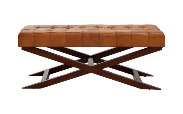 Inca Bench with Cross Base - Wood/Leather - L41 x W121 x H48 cm - Brown