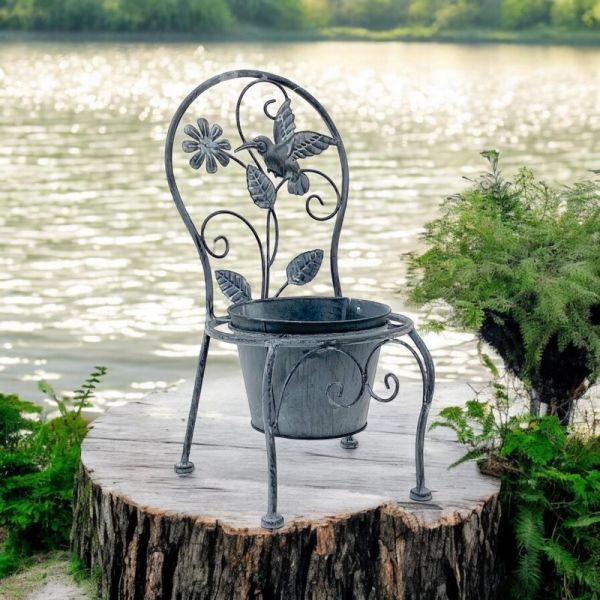 Single Garden Planter - Metal - L27 x W22 x H44 cm - Stone Grey