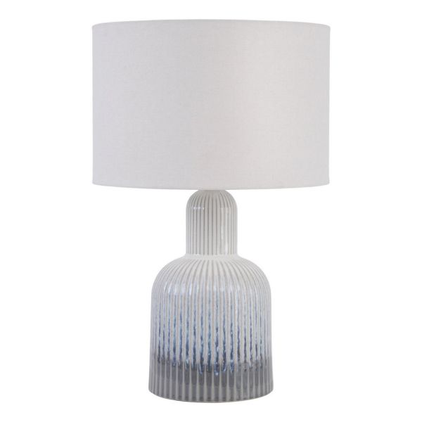 Lamp with Ribbed Detailing Shade, Small - Porcelain/Linen/Iron - L22 x W22 x H40 cm - Ecru/Grey/Blue