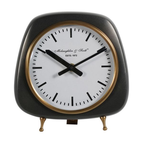 Mid Century Style Table Clock Small - Aluminium/Stainless Steel - L9.5 x W19.6 x H20.5 cm - Charcoal Grey/Gold
