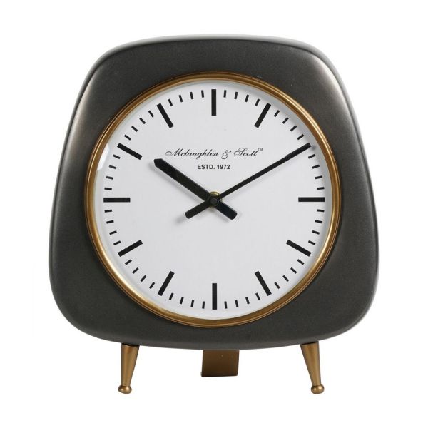 Mid Century Style Table Clock Large - Aluminium/Stainless Steel - L6 x W26.5 x H27.7 cm - Charcoal Grey/Gold