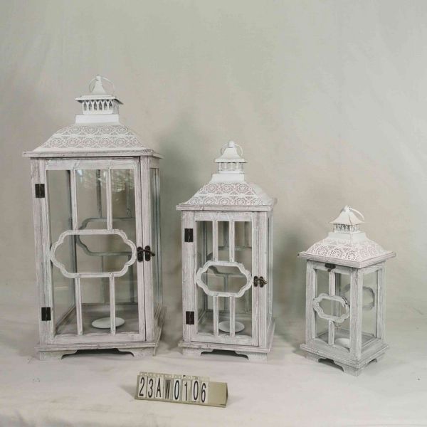 Hurricane Garden Lanterns (Set of 3) - Mango Wood - White