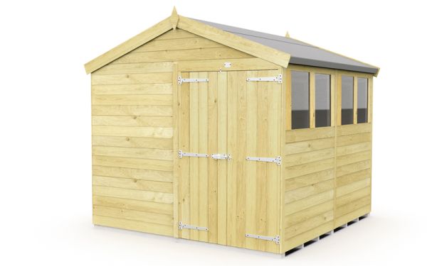 8 x 8 Feet Apex Shed - Double Door With Windows - Wood - L243 x W231 x H217 cm