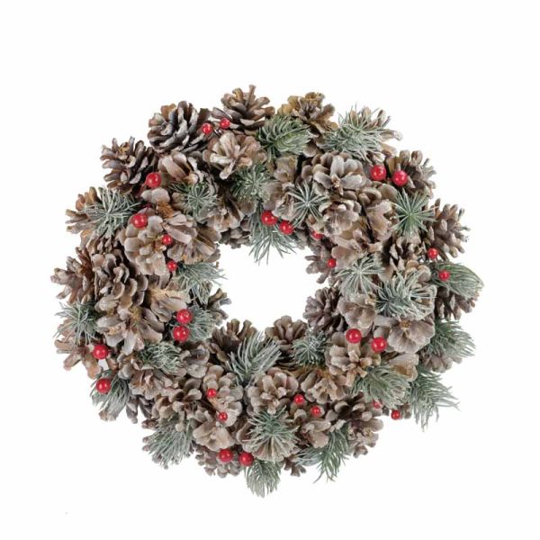 Frosted Pinecone/Fir/Red Berry Wreath - Polystyrene/Glitter/Plastic - L33 x W33 x H8 cm - Green