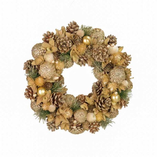 Pinecone Wreath - Polystyrene/Glitter/Pinecones/Plastic - L34 x W34 x H8 cm - Gold