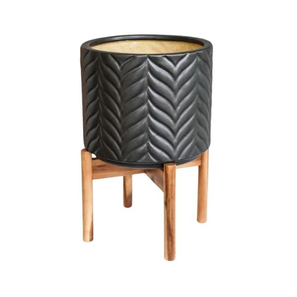 Aspen Chevron Planter - Ceramic/Wood - L28 x W28 x H40 cm - Mercury