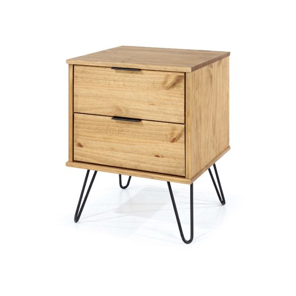 Augusta 2 Drawer Bedside Cabinet - Pine/Metal/MDF - 45 x 39.5 x 57 cm - Antique Waxed Pine/Black
